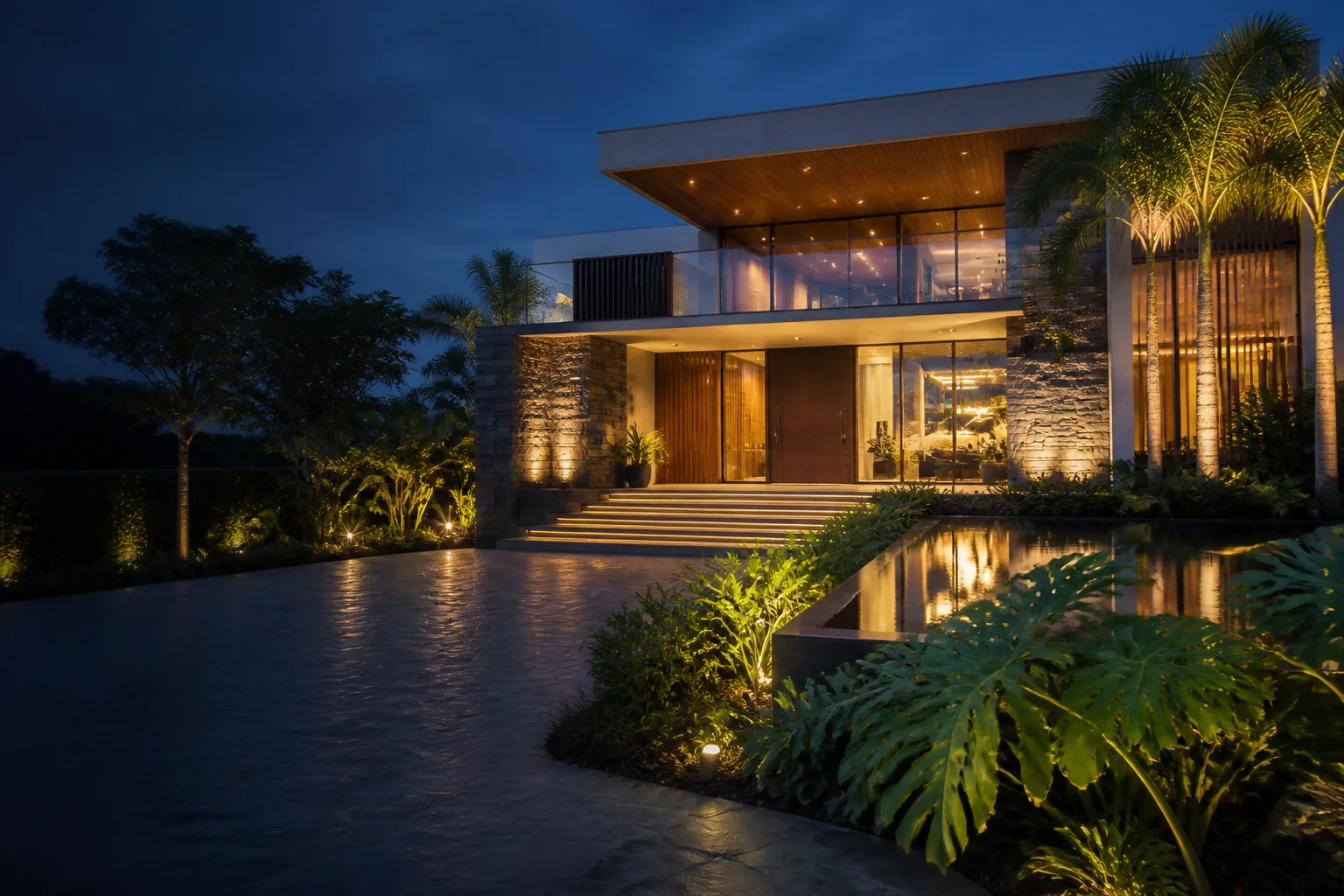 Residência contemporânea iluminada ao entardecer